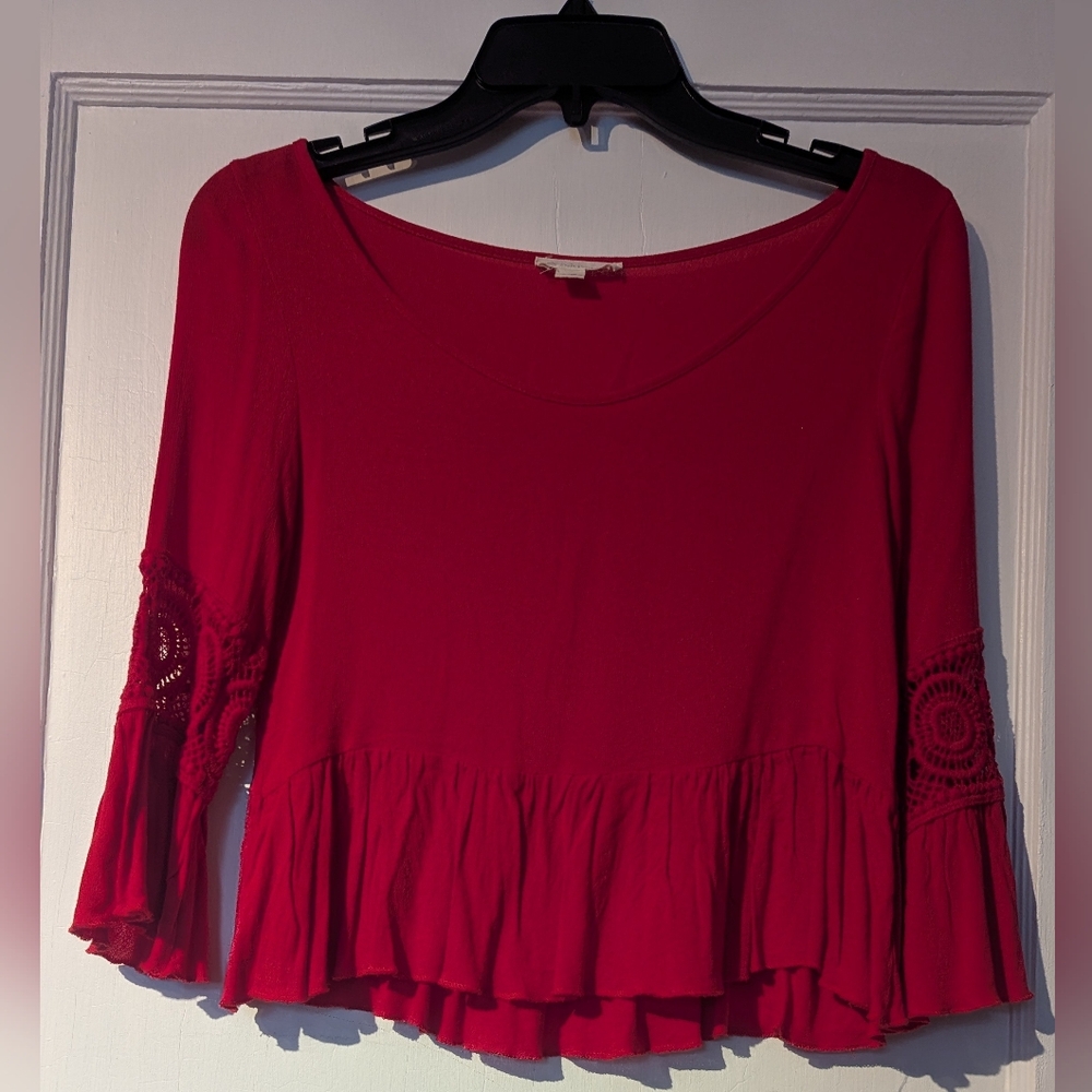 Peach Royal Women's Ruffle 3/4 Bell Embroidered Sleeves Peplum Blouse Top. XS/S